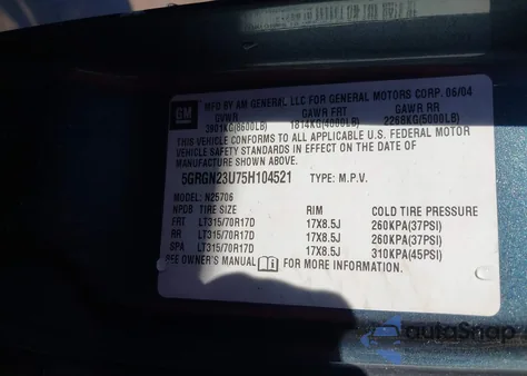 2005 Hummer H2 Suv z USA, uszkodzony, nr VIN 5GRGN23U75H104521